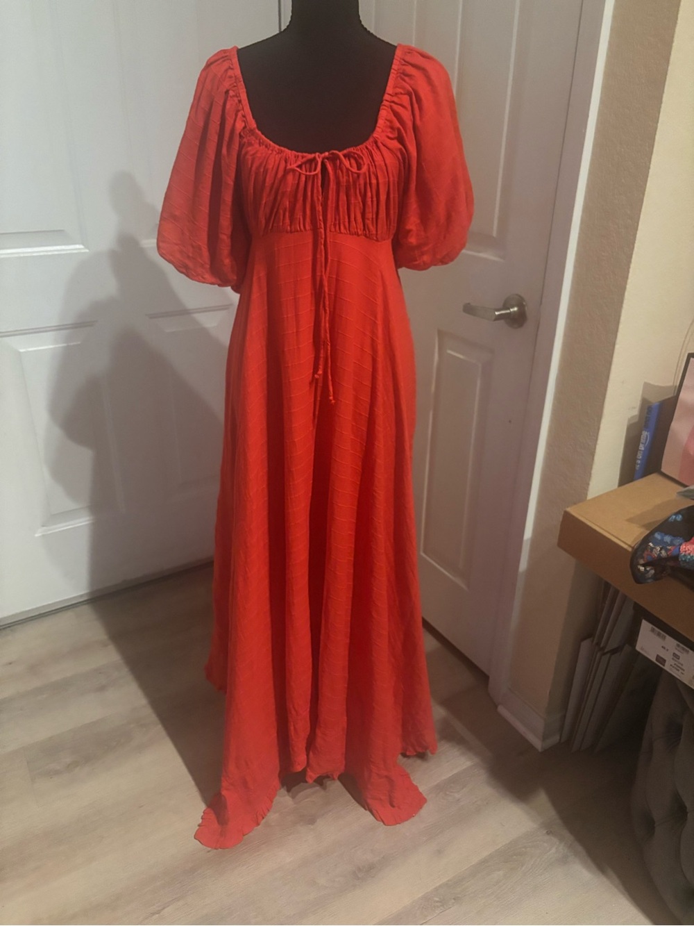 Red Maxi Dress with Puff Sleeves